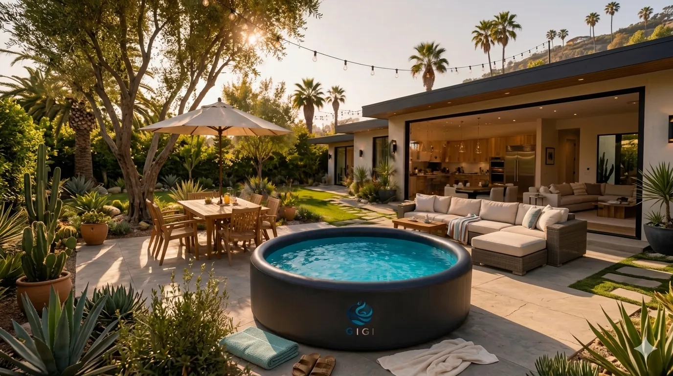 Piscine autoportante ronde familiale de 5 mètres installée dans un jardin